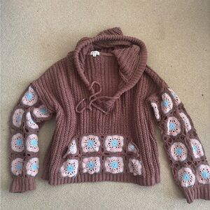 POL Brown Crochet Cowl Neck Sweater